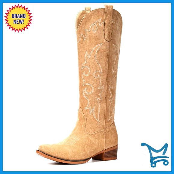 Knee High Suede Cowboy Boots Pointed Toe Low Heel Embroidered Western